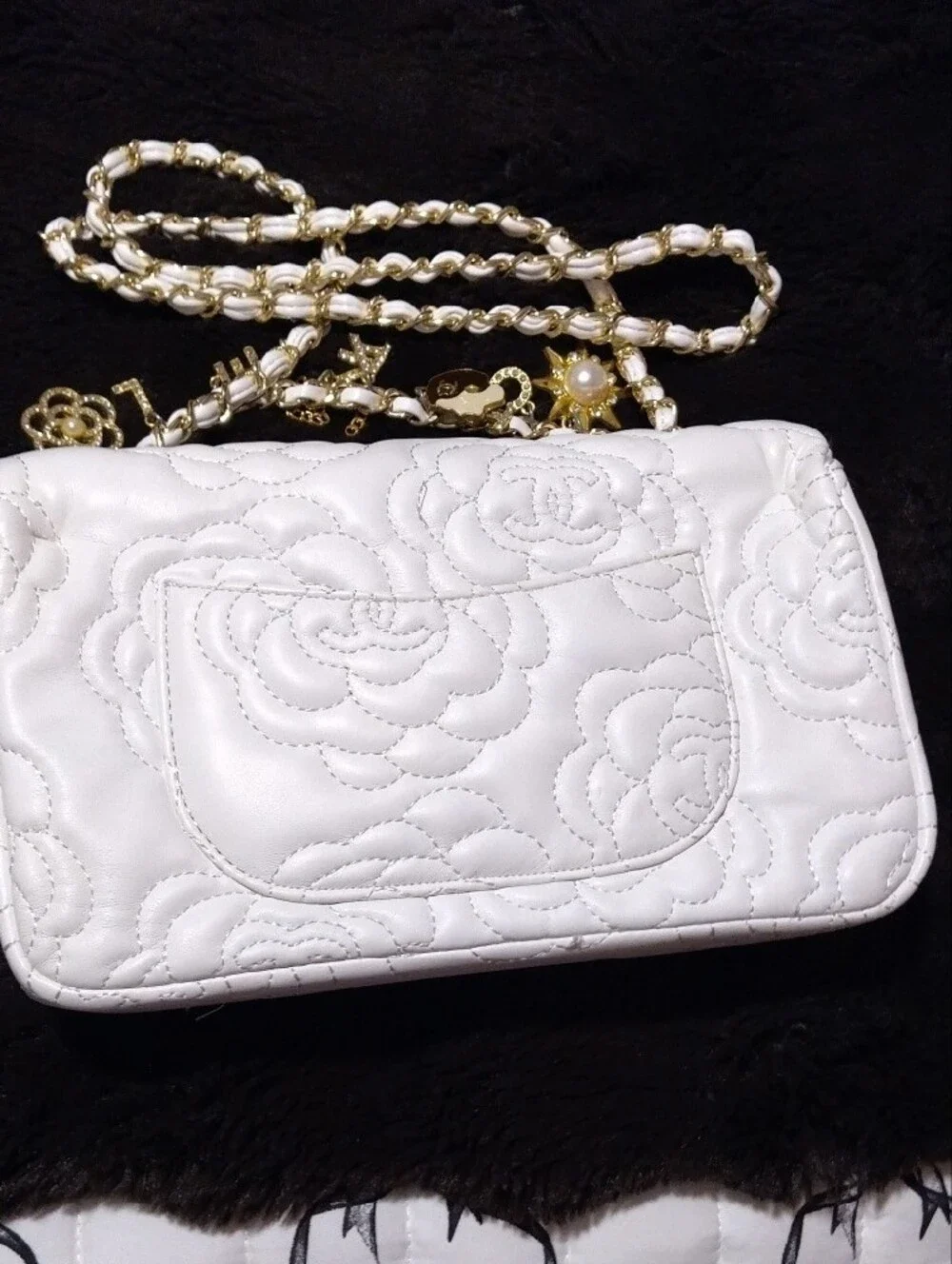 CHANEL White Quilted Camellia Charm Shoulder Bag with Gold Accents